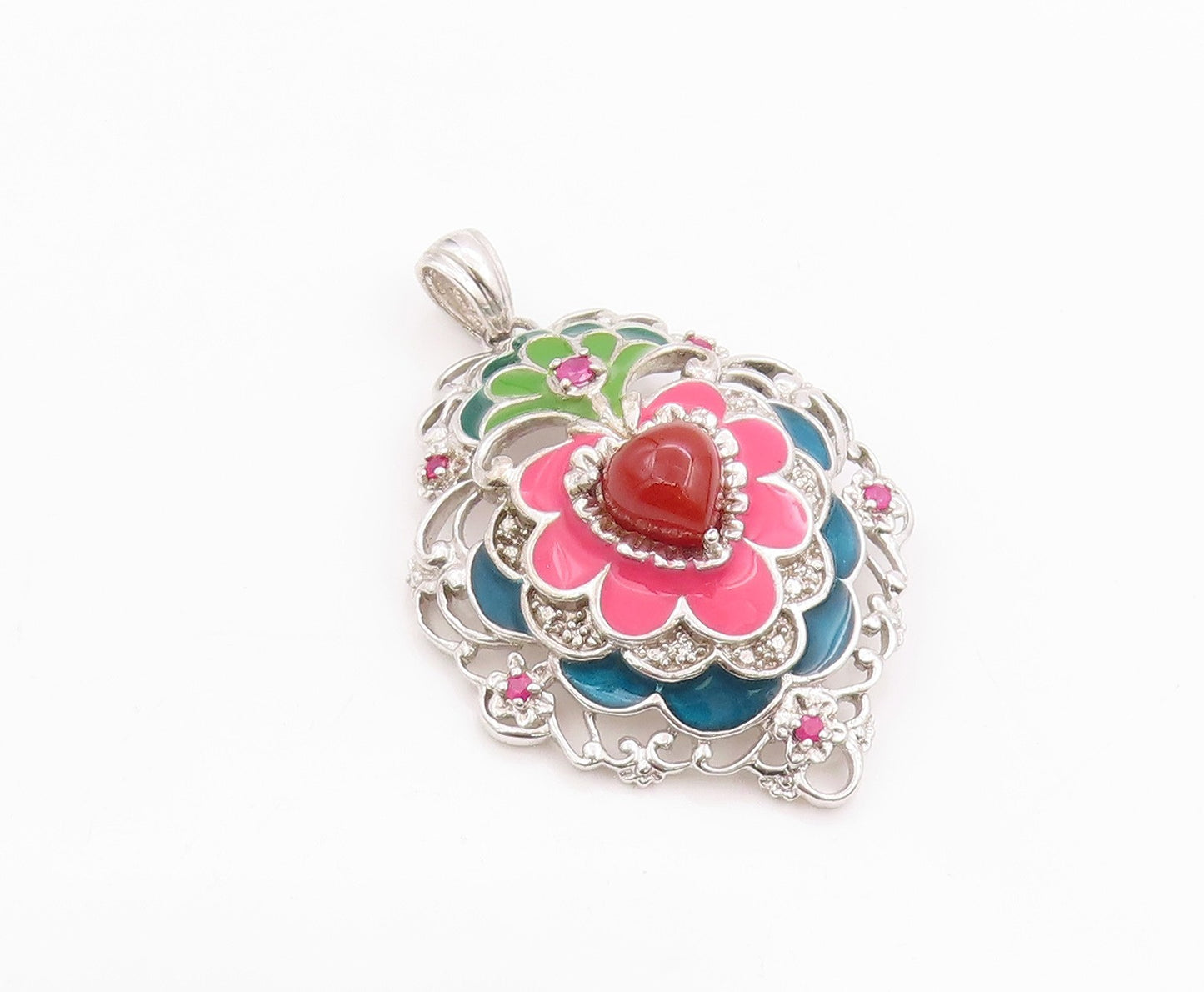 925 Sterling Silver Vintage Pendant CZ & Enameled Floral Gemstone Heart  PT24362
