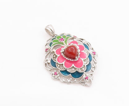 925 Sterling Silver Vintage Pendant CZ & Enameled Floral Gemstone Heart  PT24362