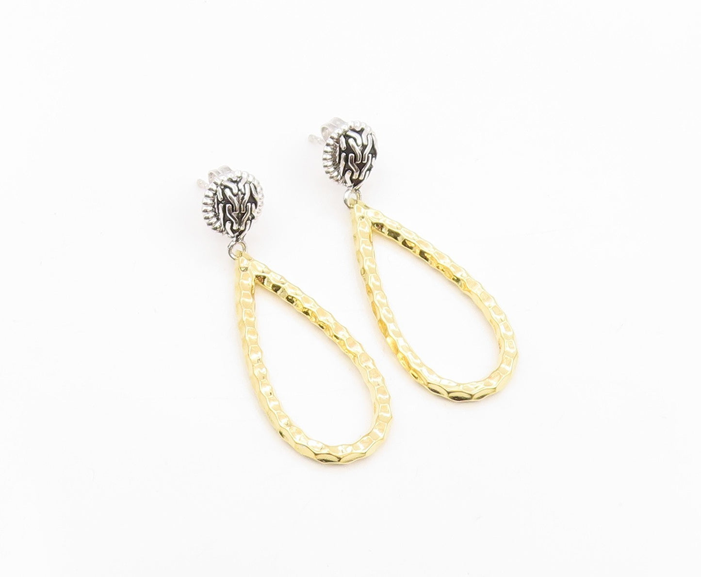925 Sterling Silver Vintage Earrings DSMK Two Tone Hammered Teardrop  EG14162