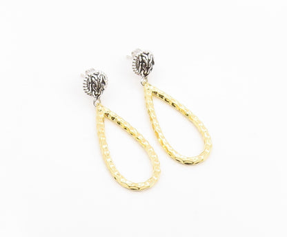 925 Sterling Silver Vintage Earrings DSMK Two Tone Hammered Teardrop  EG14162