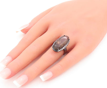 925 Sterling Silver Vintage Ring Large Oval Smoky Quartz & Topaz  Sz 8  RG29442