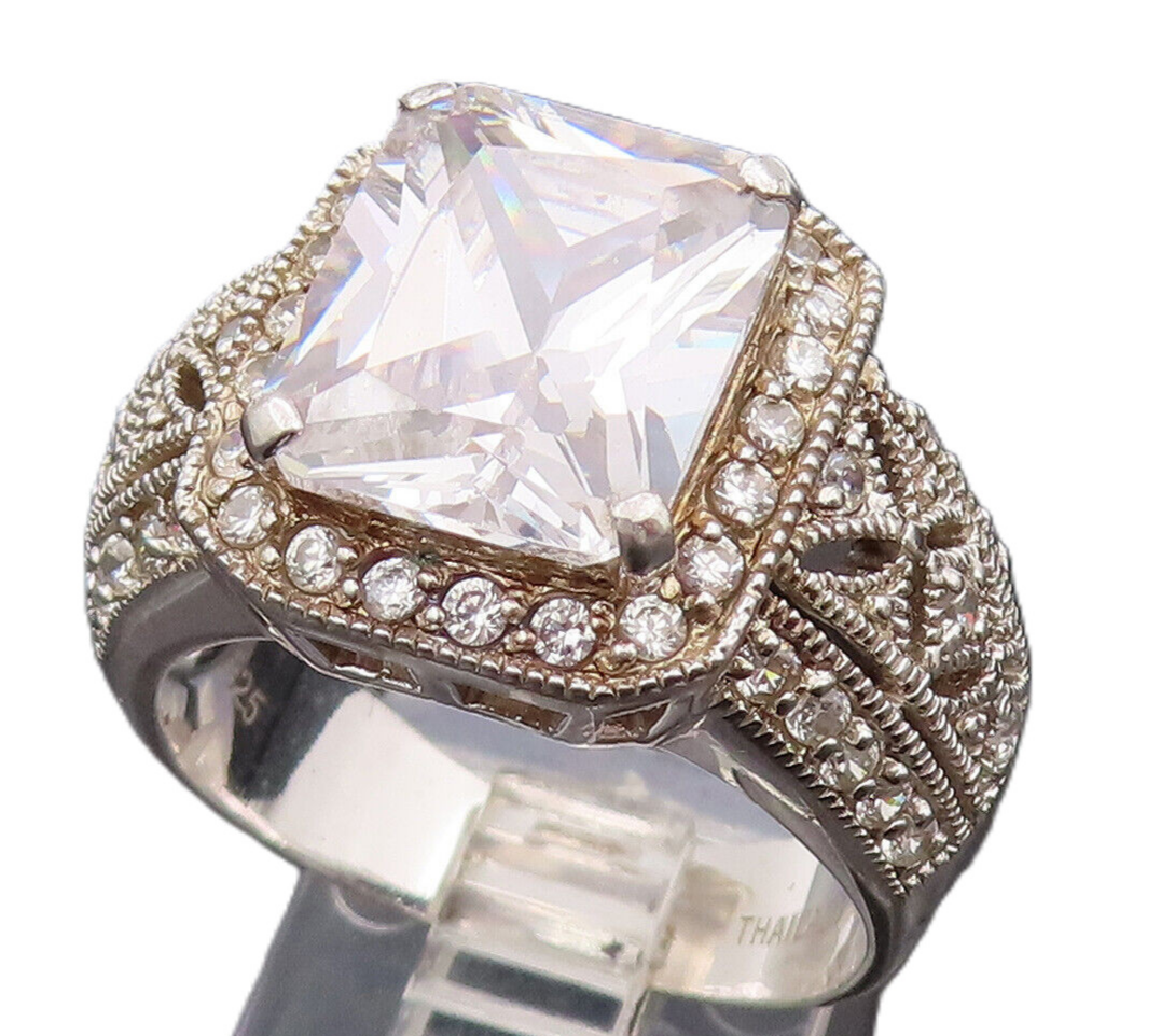 925 Sterling Silver Vintage CZ Square Head Designed Shoulder Ring Sz 10  RG26542