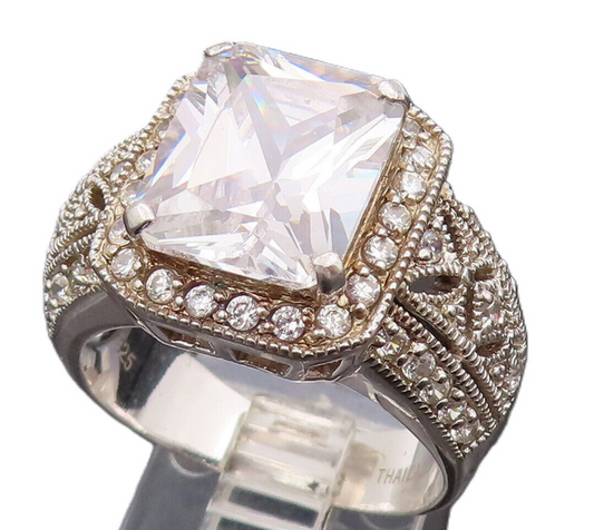 925 Sterling Silver Vintage CZ Square Head Designed Shoulder Ring Sz 10  RG26542