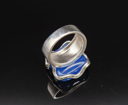 925 Silver  Vintage Unique Water Blue Agate Wavy Frame Ring Sz 7  RG26093