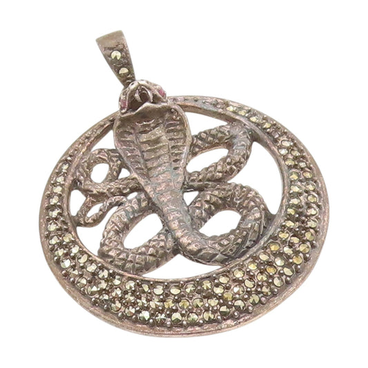 925 Sterling Silver Vintage Pendant Ruby Eyed & Marcasite Cobra Snake  PT25592
