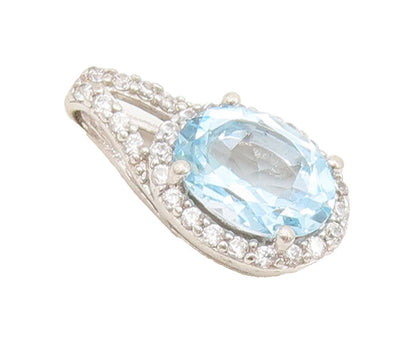 925 Sterling Silver Vintage Pendant Blue Topaz Halo White Topaz Band  PT22508