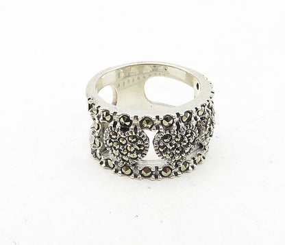 925 Sterling Silver  Sparkling Marcasite Love Hearts Band Ring Sz 8.5  RG9019