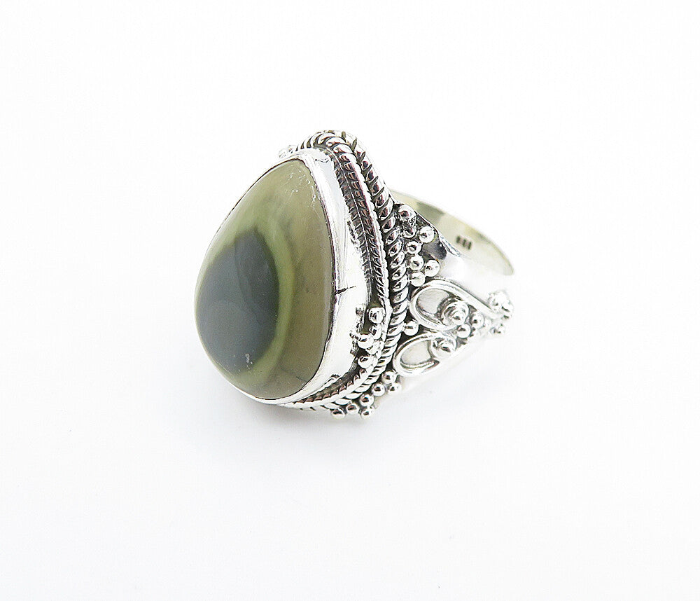 925 Sterling Silver  Cabochon Cut Agate Tear Drop Cocktail Ring Sz 8  RG7897