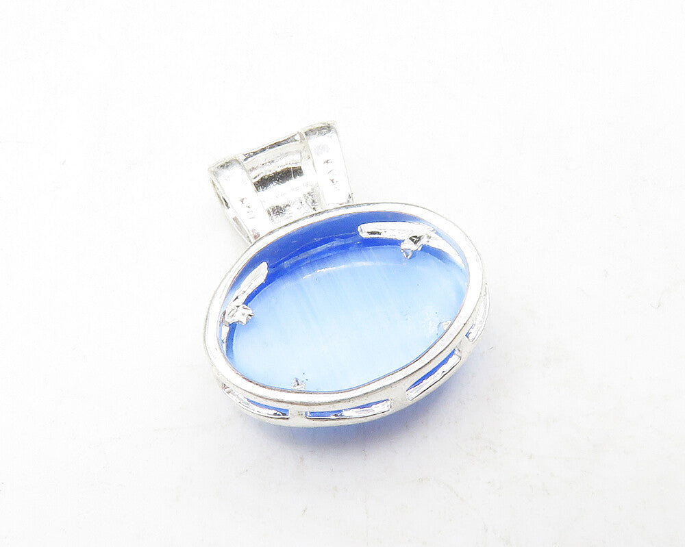 925 Sterling Silver Cabochon Cut Blue Cat's Eye Stone Drop Pendant PT10245
