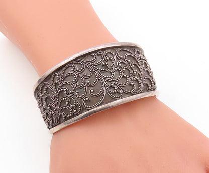 925 Sterling Silver Vintage Bracelet BALI Swirly Beaded Carved Cuff  BT10916