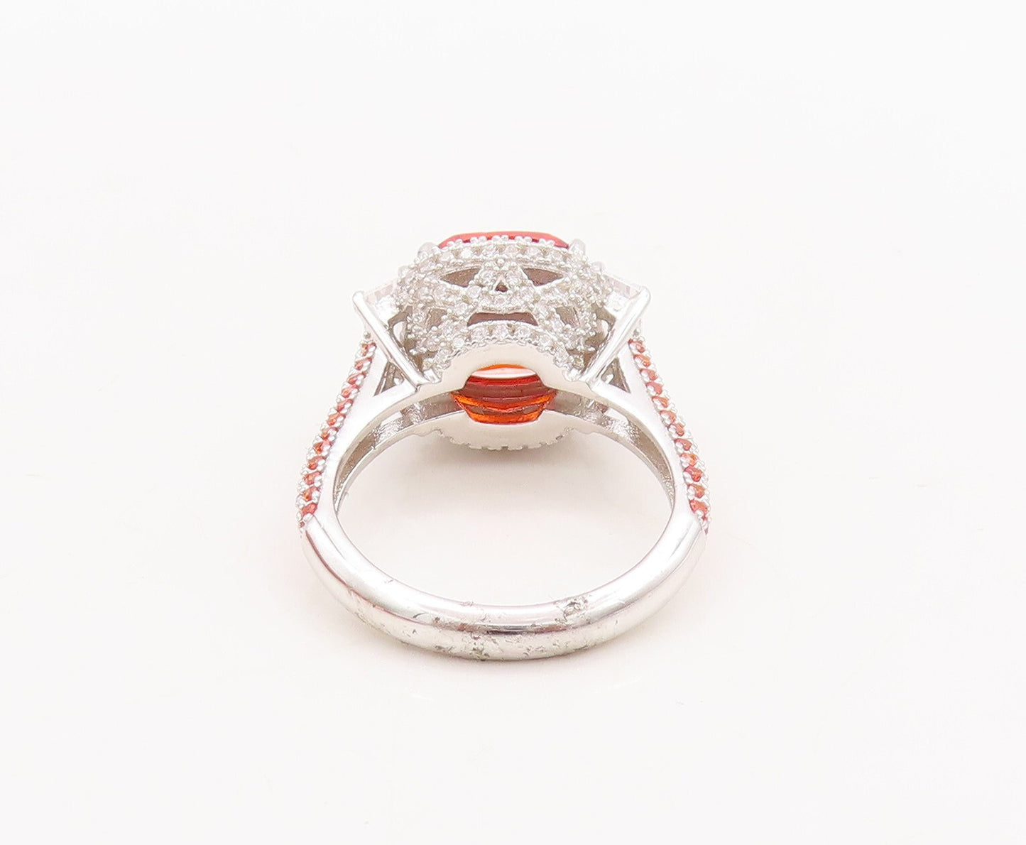 925 Sterling Silver Vintage Ring Square Orange Halo White CZ  Sz 7  RG29639