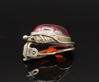 POLAND 925 Silver  Vintage Leaf Wrapped Amber Non Pierced Earrings  EG11757