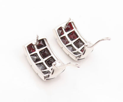 925 Sterling Silver Vintage Earrings Two Row Inside Out Garnet Inlay  EG13398