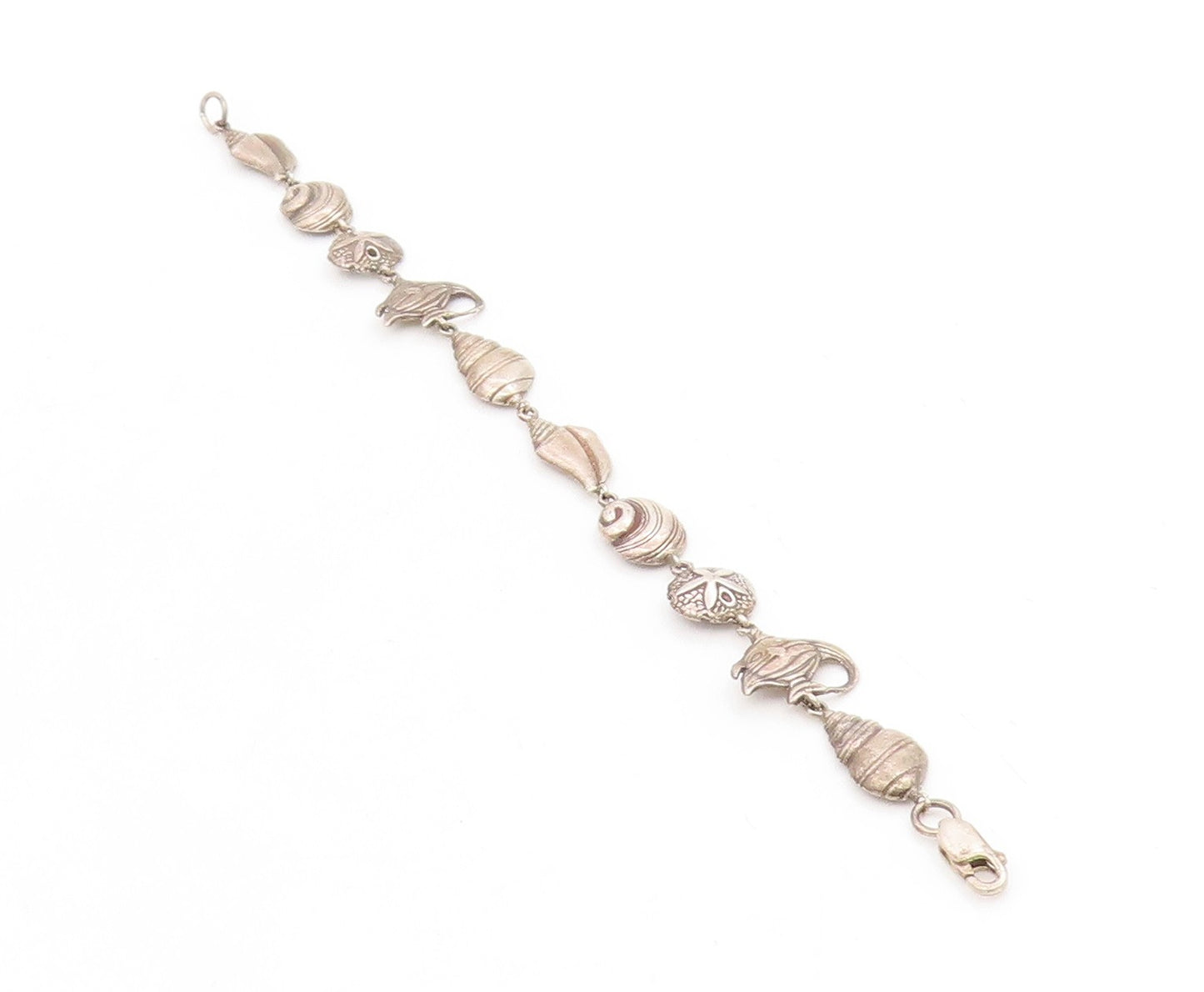 925 Sterling Silver Vintage Bracelet Modernist Seashell Coastal Charms  BT11719