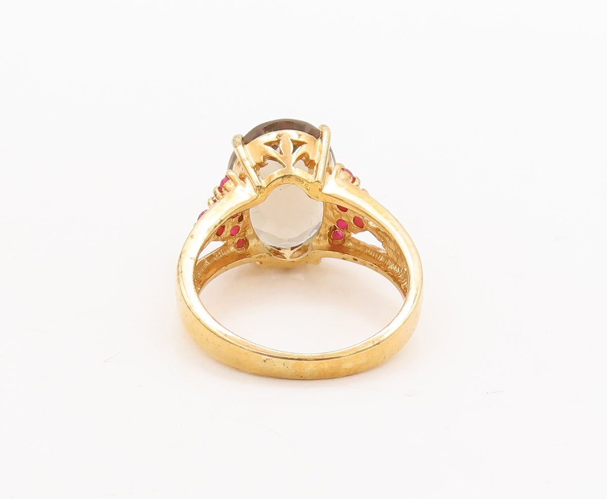 925 Sterling Silver Vintage Ring Gold Plated Smoky Quartz & Ruby  Sz 7  RG29770