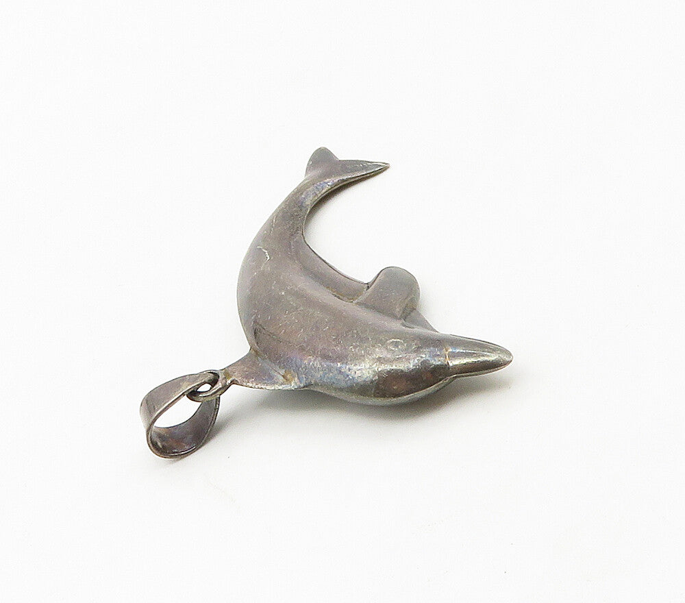 925 Sterling Silver  Vintage Dark Tone Dolphin Motif Animal Pendant  PT13345