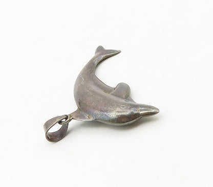 925 Sterling Silver  Vintage Dark Tone Dolphin Motif Animal Pendant  PT13345