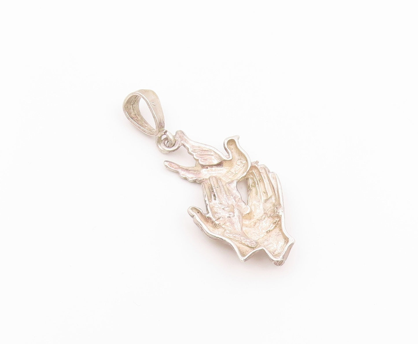 925 Sterling Silver Vintage Pendant Holy Spirit Dove & Faith Hands Charm PT26463
