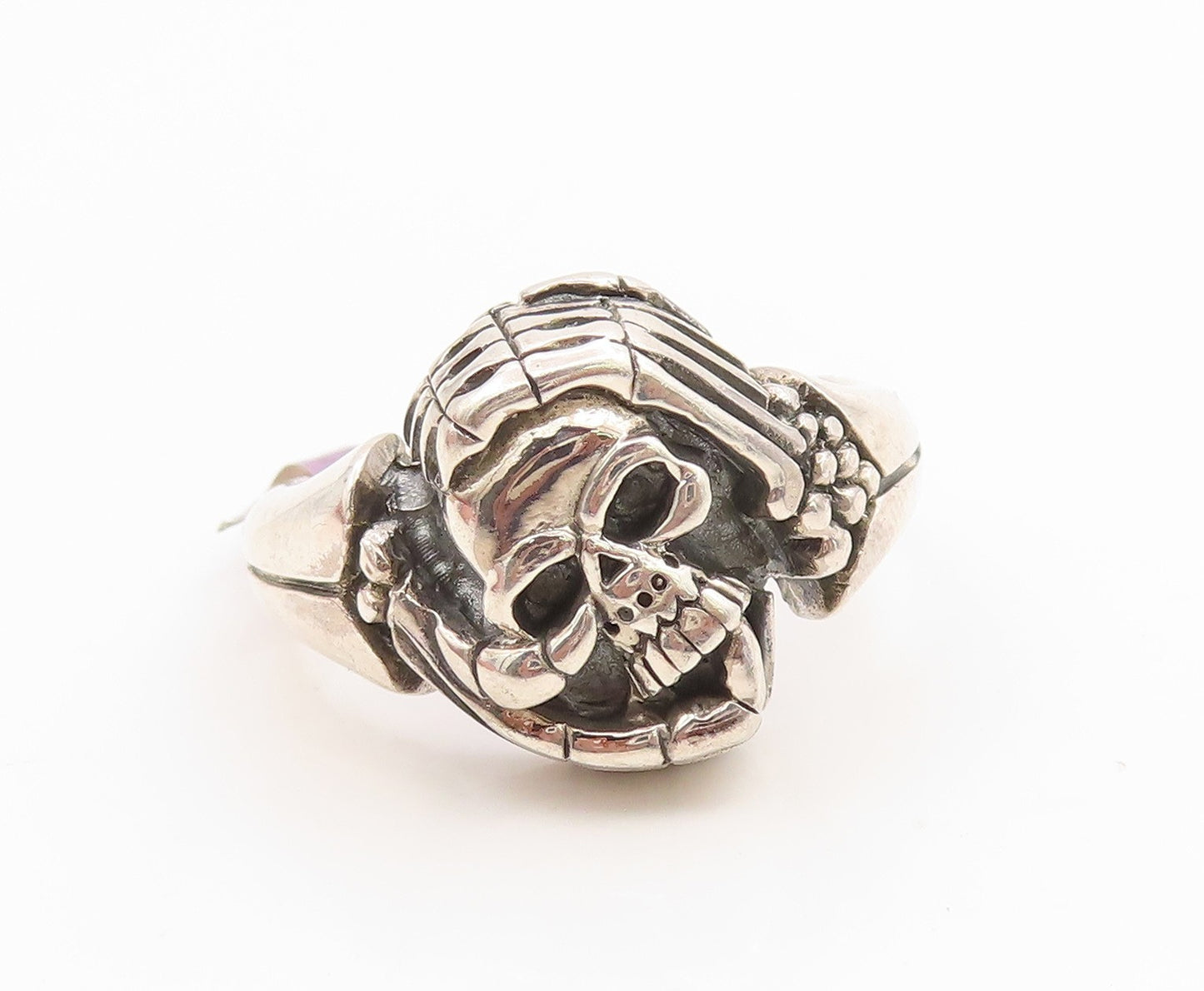 925 Sterling Silver Vintage Ring Carved Gothic Skull & Hands  Sz 13  RG35911