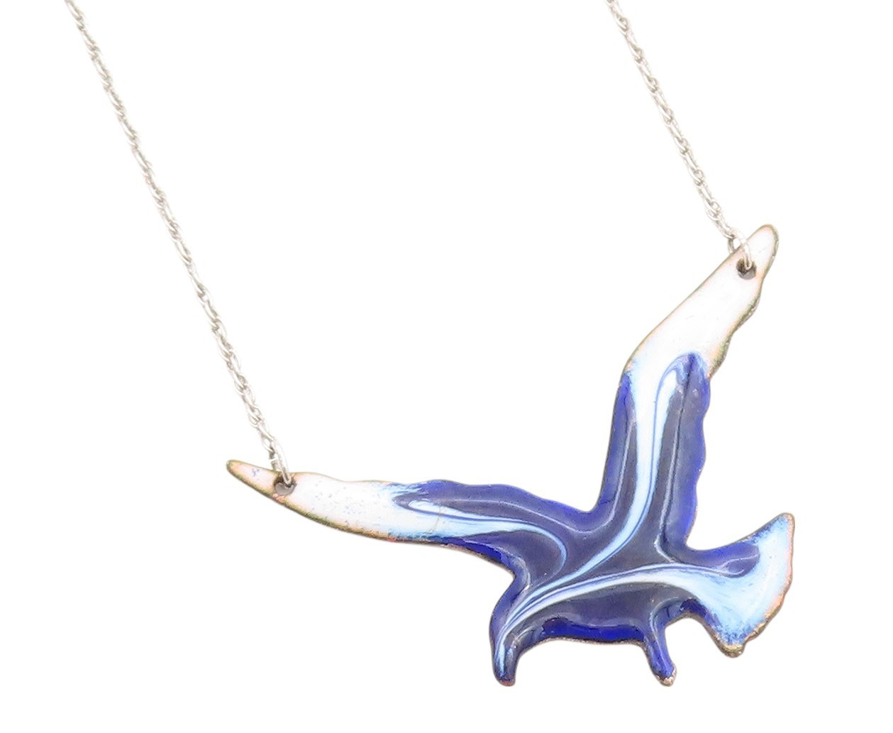 925 Sterling Silver Vintage Necklace Designer Blue & White Enameled Bird  NE4573