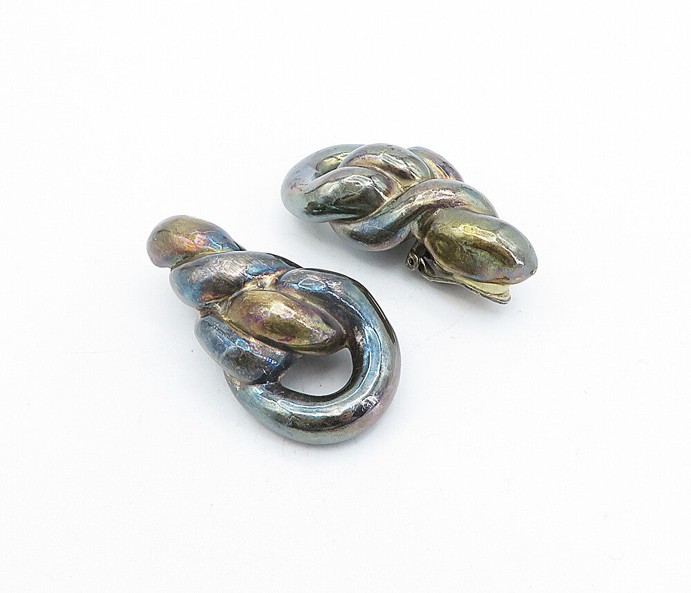925 Sterling Silver  Vintage Oxidized Hollow Twist Non Pierce Earrings  EG2146