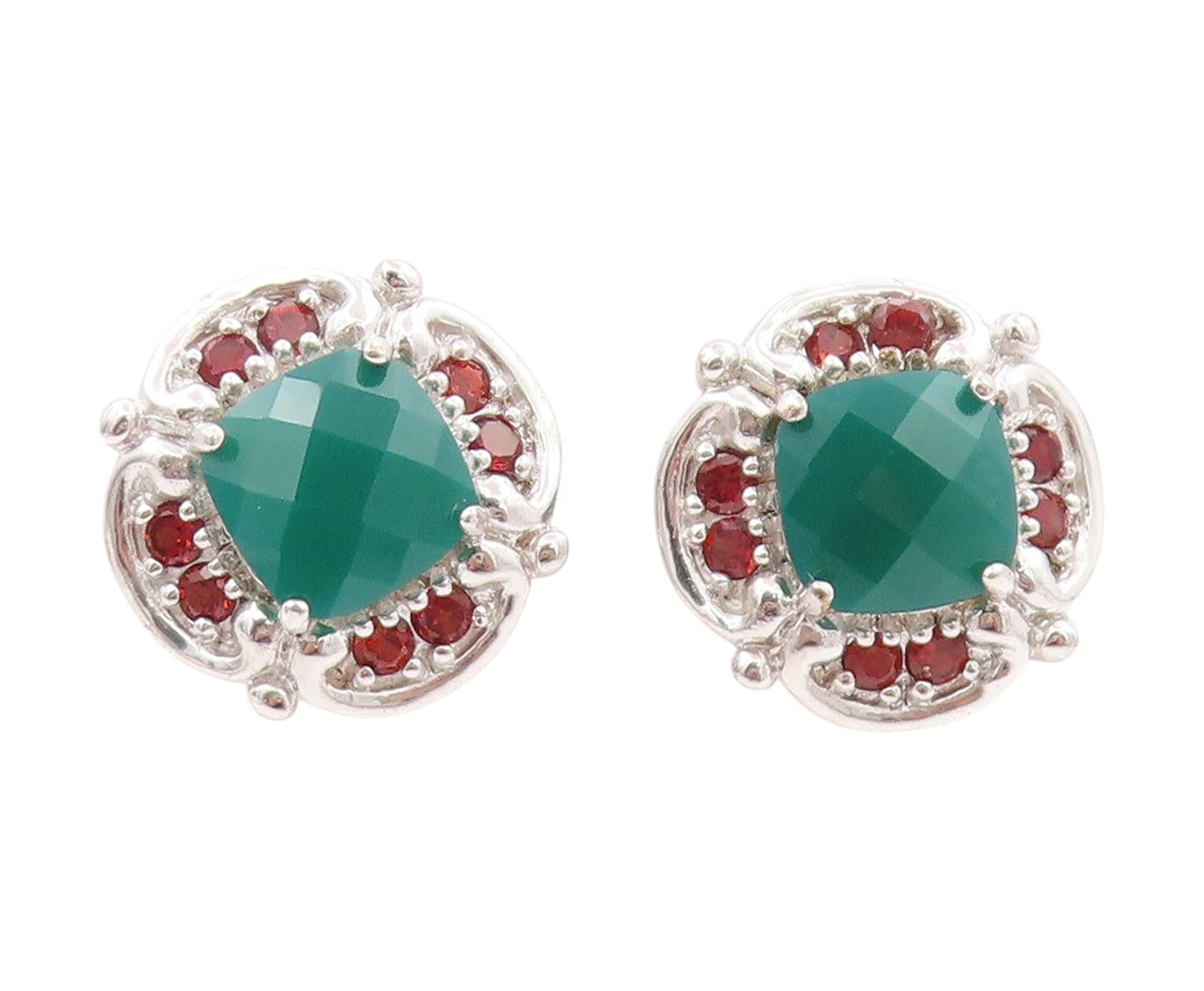 925 Sterling Silver Vintage Earrings Square Green Onyx & Garnet Flower  EG13388