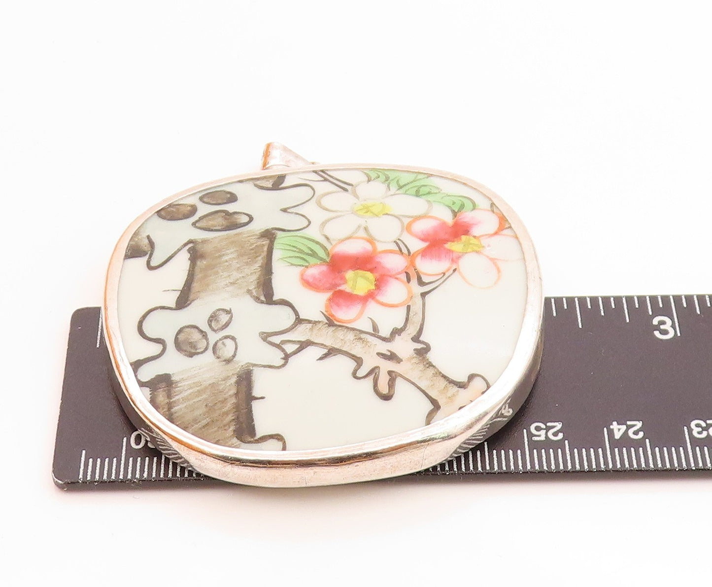 925 Sterling Silver Vintage Pendant Enamel Cherry Blossom Floral Branch  PT3510