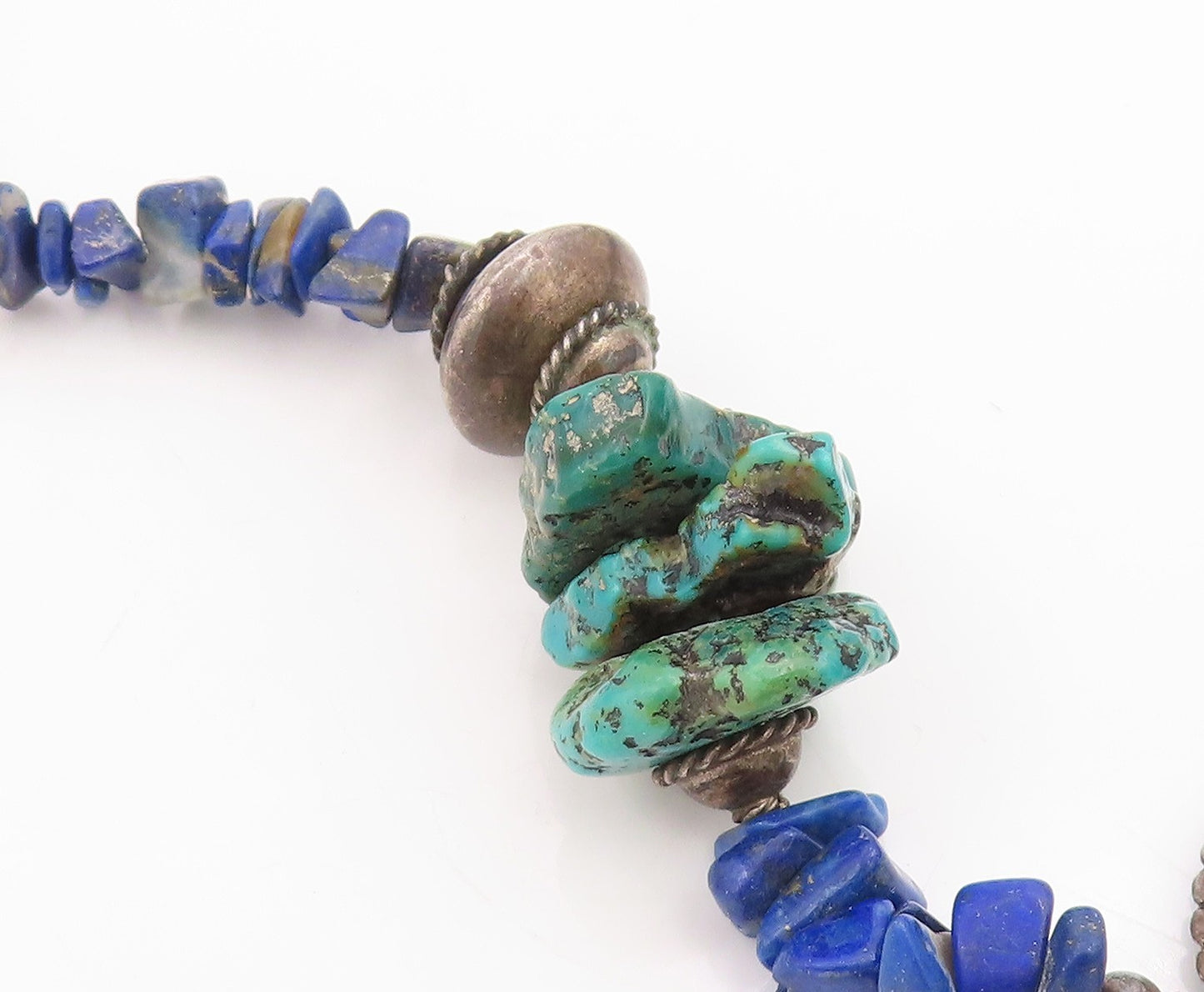 925 Sterling Silver Vintage Necklace SOUTHWESTERN Lapis Lazuli Bead Chain NE4786