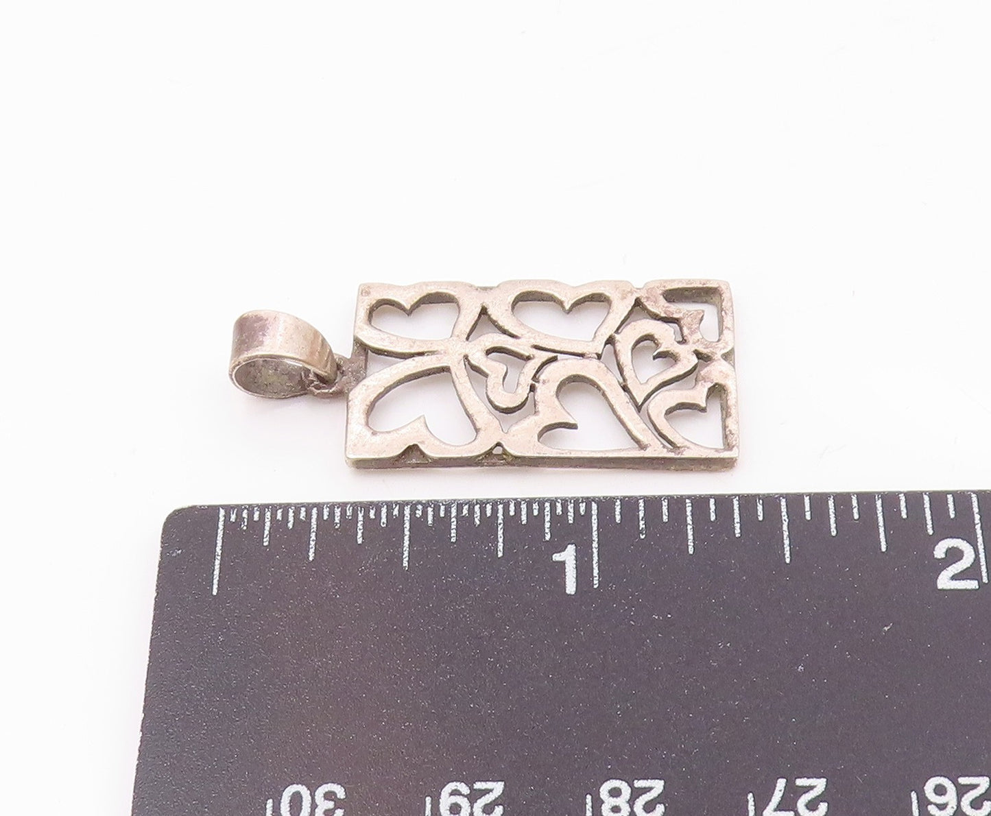 925 Sterling Silver Vintage Open Love Hearts Rectangular Drop Pendant PT20215