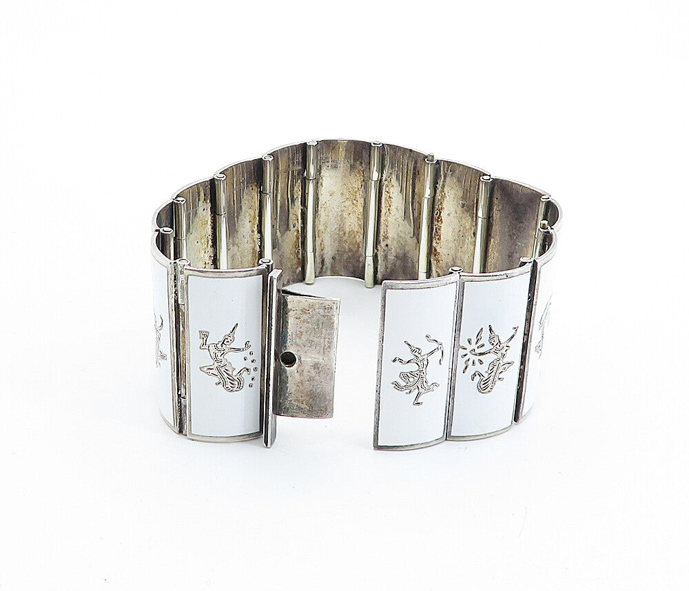 SIAM 925 Sterling Silver  Vintage Enamel Dancer Panel Chain Bracelet  BT2825