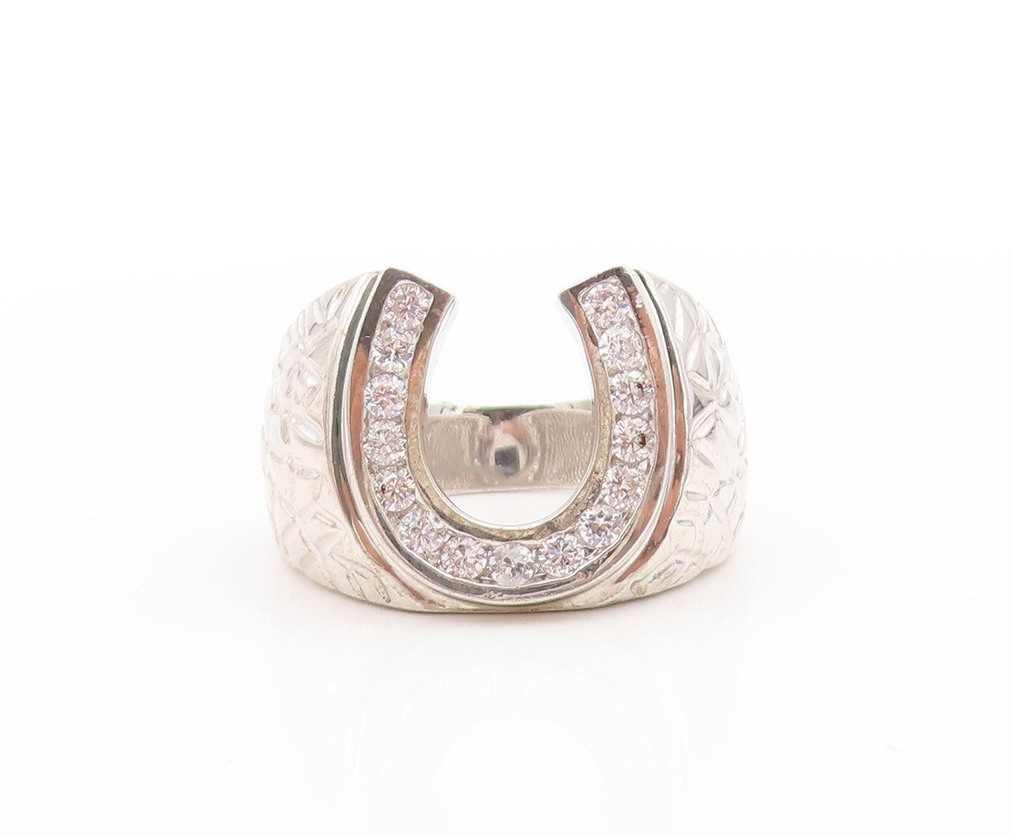 925 Sterling Silver Vintage Ring CZ Lucky Horseshoe Statement Band Sz 8 RG33642
