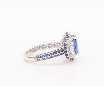 925 Sterling Silver Vintage Ring Designer Blue & White CZ Inlay  Sz 7  RG29594