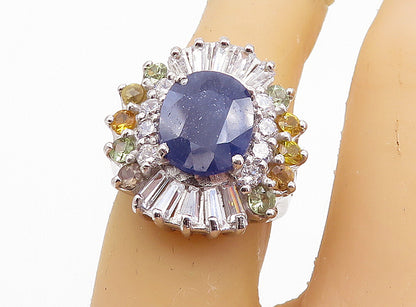 925 Sterling Silver  Sapphire & Cubic Zirconia Cocktail Ring Sz 6  RG7813