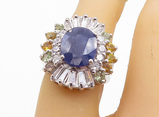 925 Sterling Silver  Sapphire & Cubic Zirconia Cocktail Ring Sz 6  RG7813