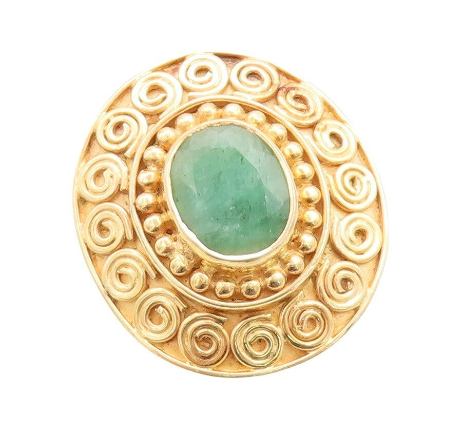 925 Sterling Silver Vintage Ring Gold Plated Oval Green Gemstone  Sz 10  RG30098