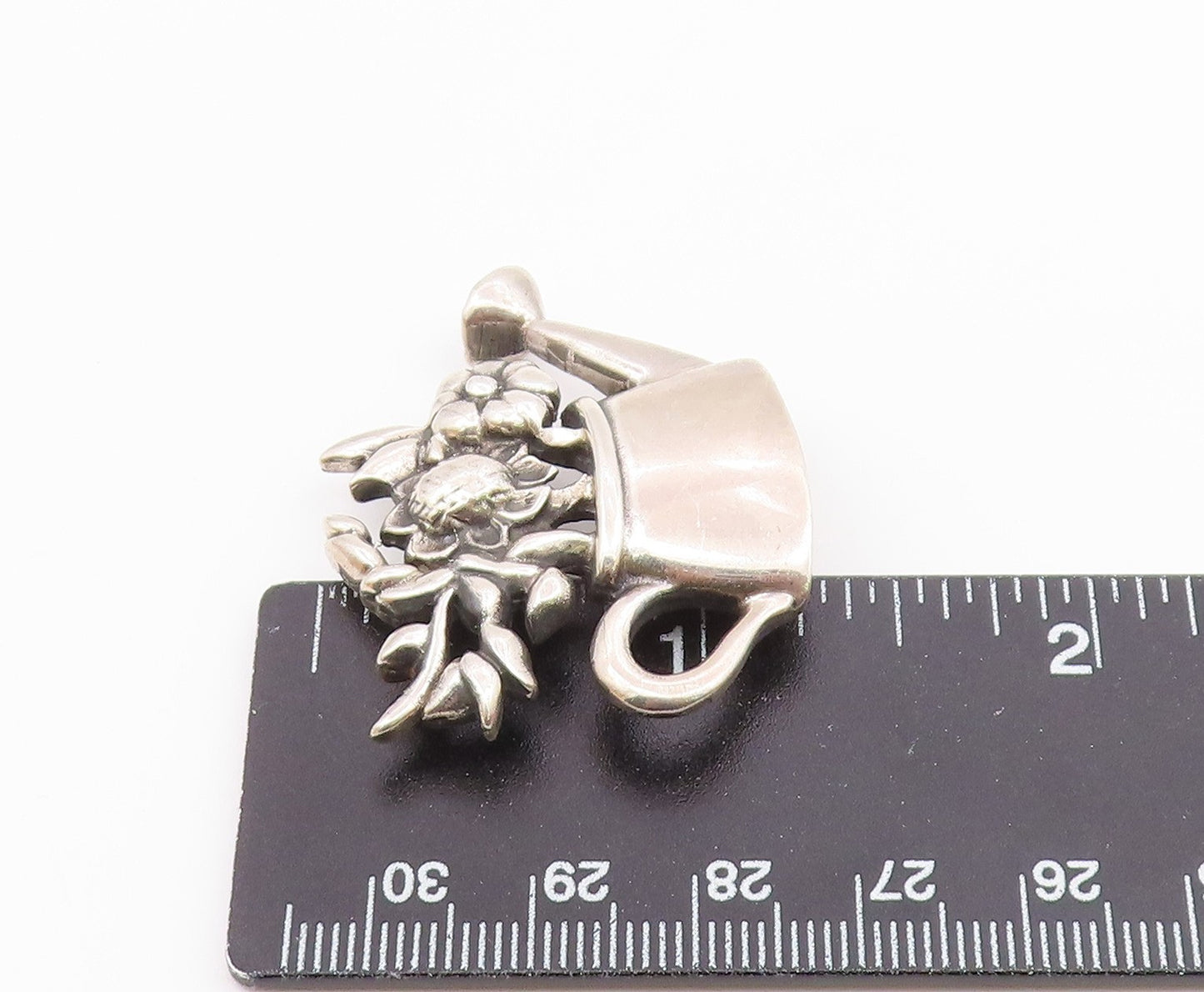 925 Sterling Silver  Vintage Shiny Watering Can With Flowers Brooch Pin BP3519