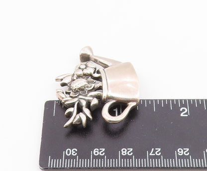 925 Sterling Silver  Vintage Shiny Watering Can With Flowers Brooch Pin BP3519