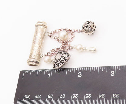 925 Sterling Silver Vintage Brooch Pin Carved Dangling Peal Heart Charms BP10821