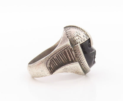 925 Sterling Silver Vintage Ring Black Onyx Face Aztec Warrior  Sz 7.5  RG32431