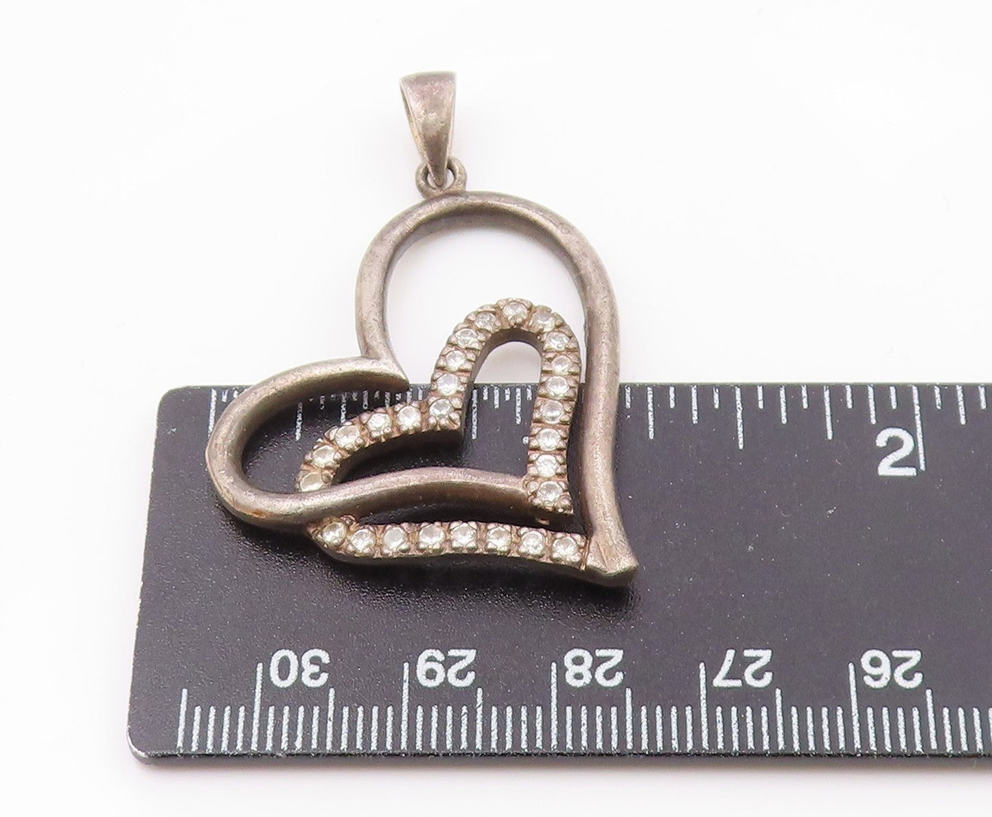 925 Sterling Silver  Vintage White Topaz Open Love Heart Pendant  PT16875