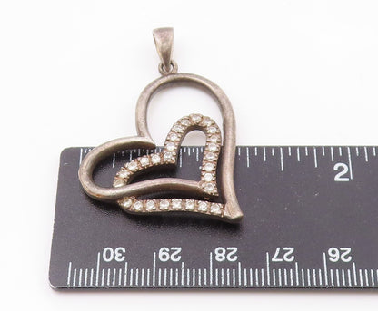 925 Sterling Silver  Vintage White Topaz Open Love Heart Pendant  PT16875