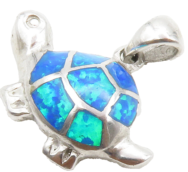 925 Sterling Silver  Inlaid Blue Fire Opal Sea Turtle Motif Pendant  PT11728