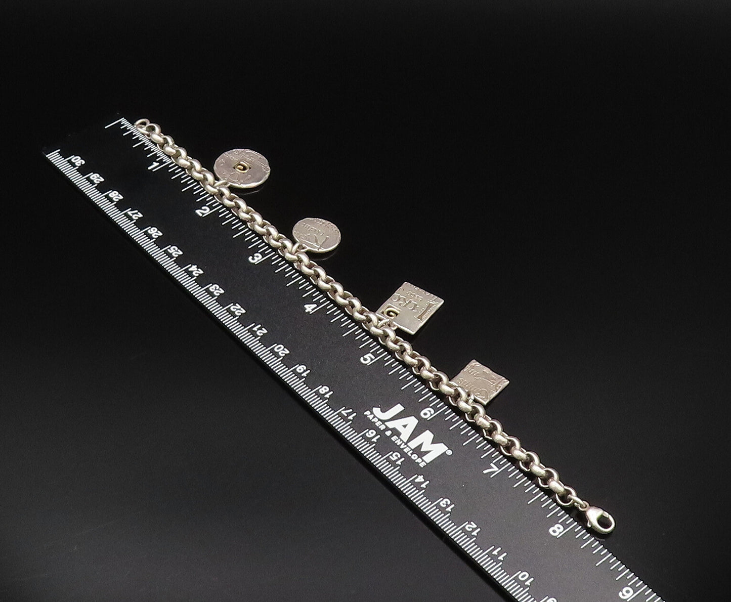 925 Sterling Silver  Vintage Two Tone Engraved Charm Bracelet  BT9550