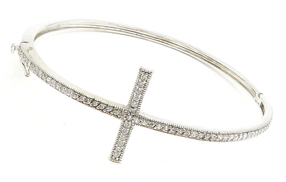 925 Sterling Silver  Cubic Zirconia Religious Cross Bangle Bracelet  BT6228