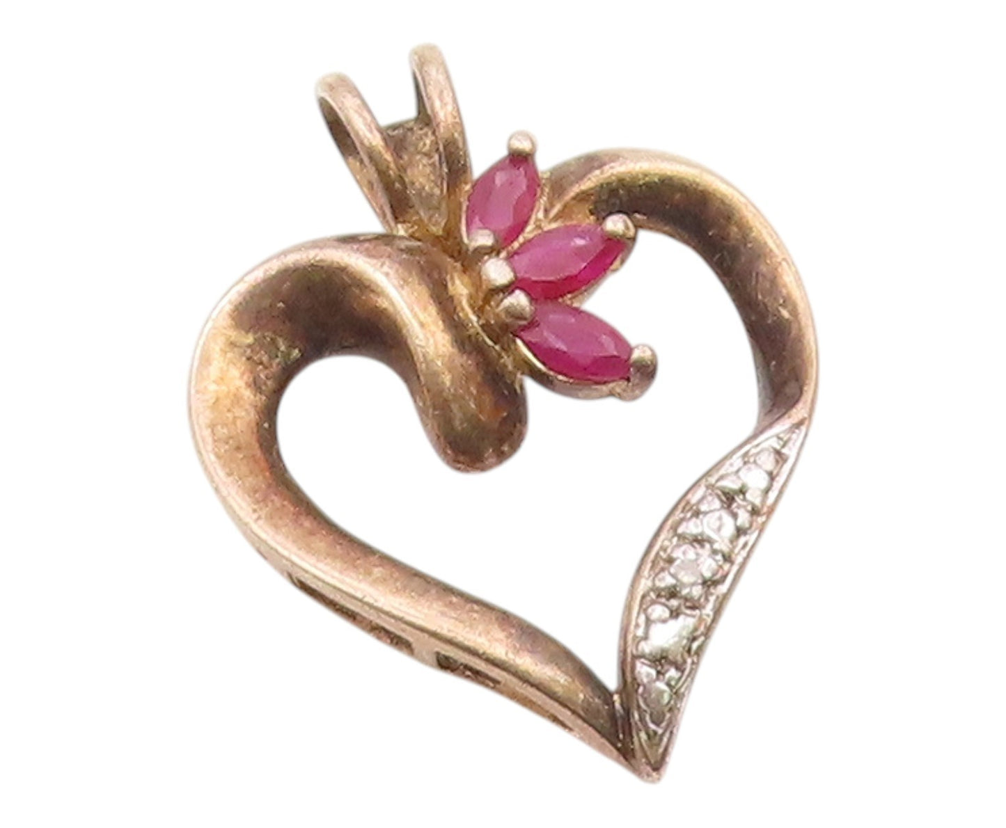 925 Sterling Silver  Vintage Marquise Ruby Two Tone Love Heart Pendant PT20843