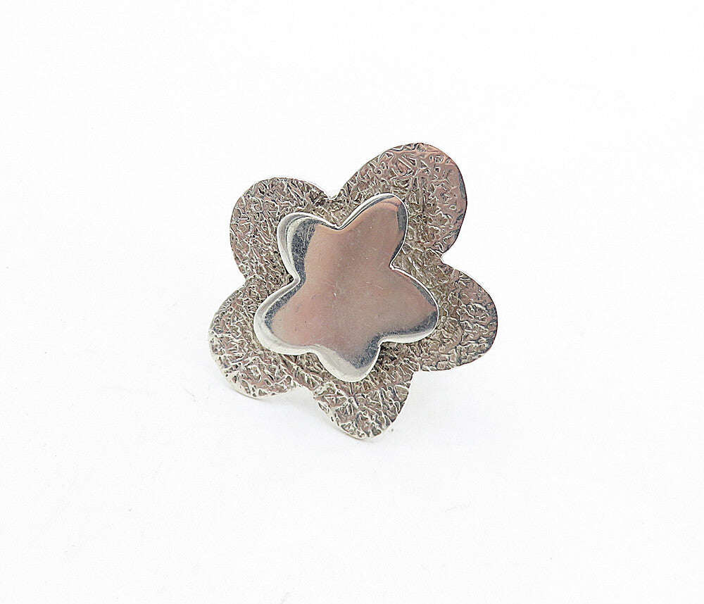 925 Sterling Silver  Vintage Textured Flower Motif Cocktail Ring Sz 7  RG7110