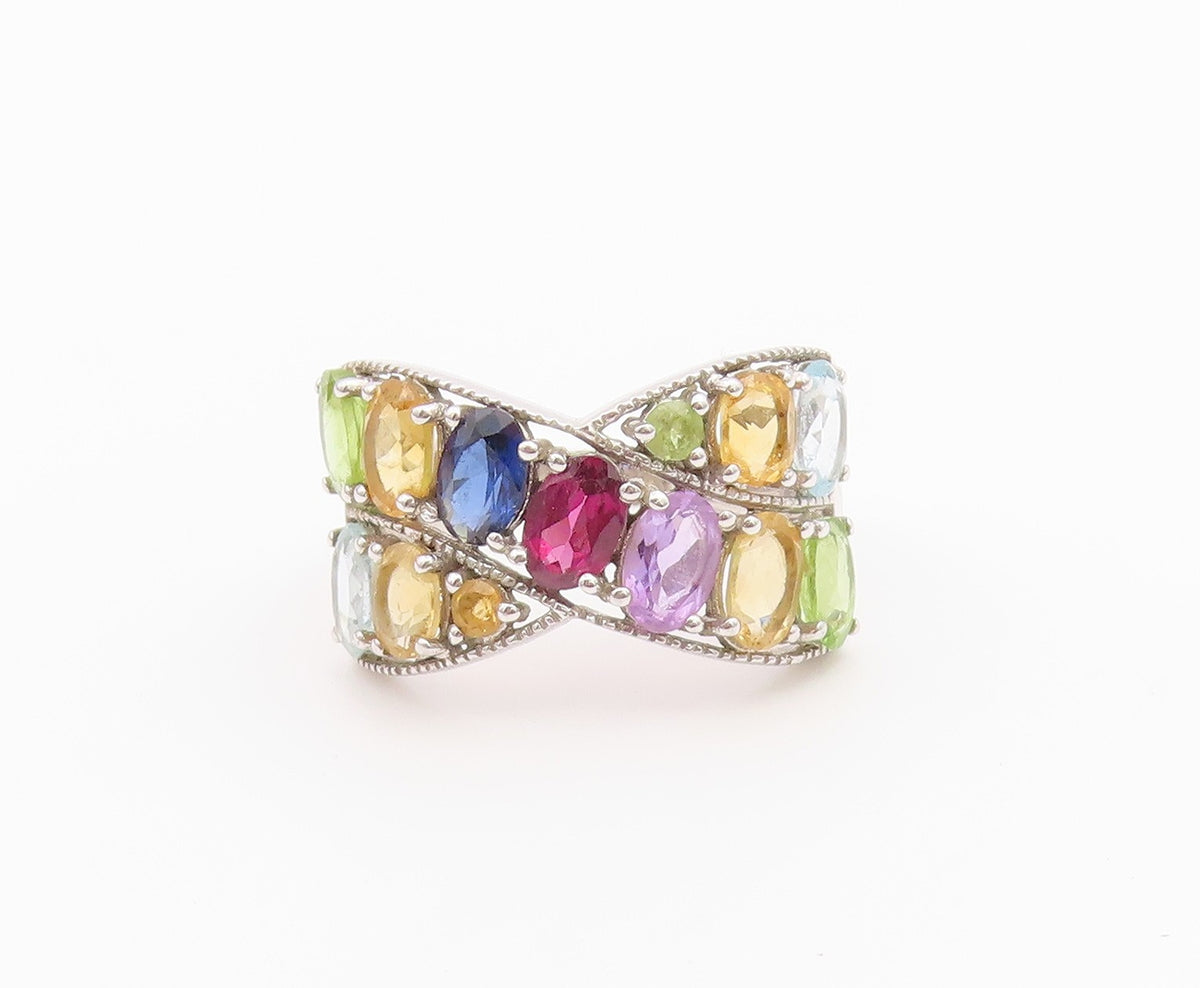 925 Sterling Silver Vintage Ring Multi Gemstone Crossover Band  Sz 10  RG36459