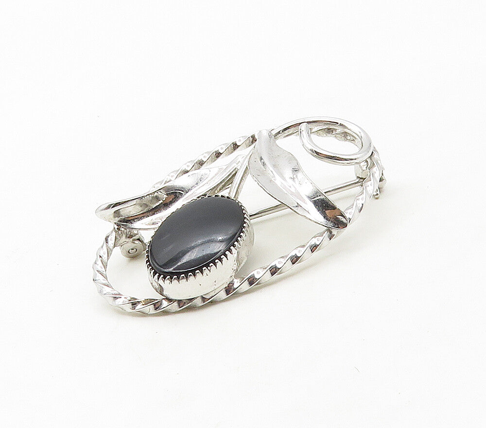 925 Sterling Silver  Vintage Black Onyx Shiny Flower Twist Brooch Pin  BP6571
