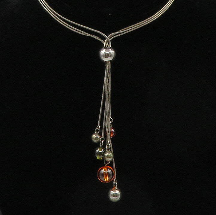 925 Sterling Silver  Vintage Amber Ball Bead Thin Chain Necklace  NE2304