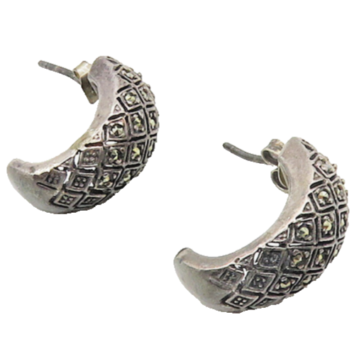 925 Silver  Vintage Marcasite Diamond Shape Pattern J Hoop Earrings  EG9168